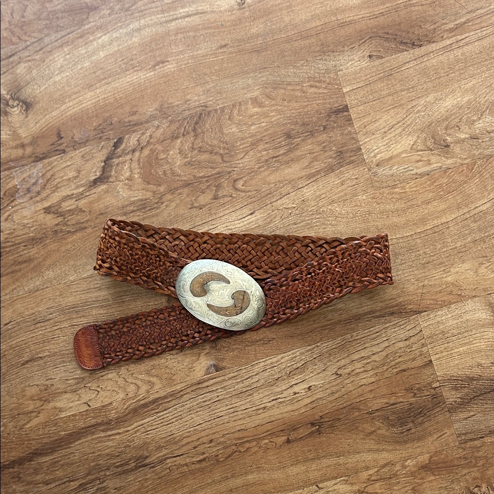 Intricate Brown Lwather Woven Belt with Engraved Silver Buckle